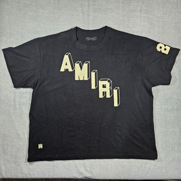 Amiri Mens Black Flocked Logo Graphic T-Shirt Short Sleeve Size XXL Made in USA
